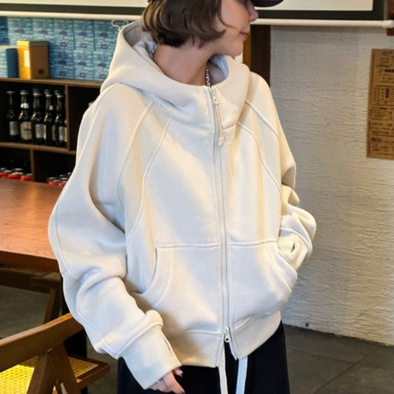 Embroidery Zip Up Hoodie - Women Solid Hoodies Fleeced Short Sweatshirts