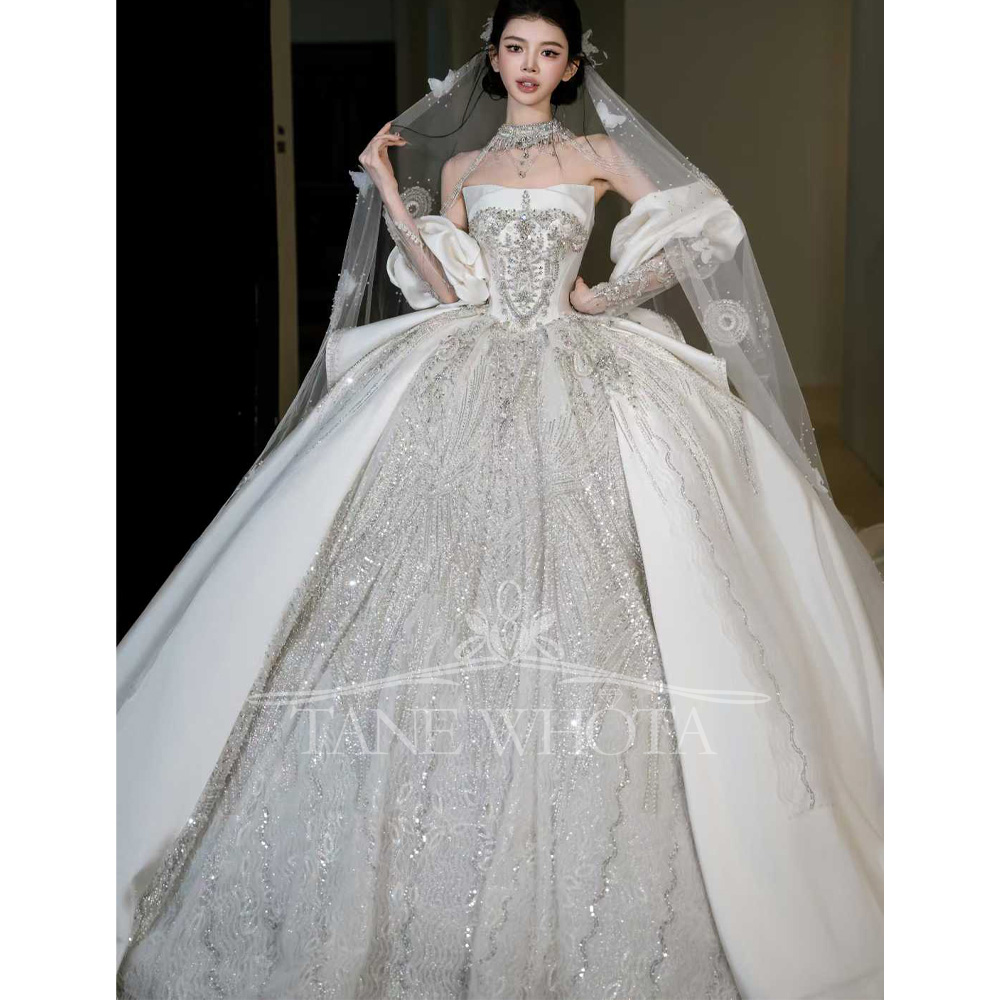Embroidery Organza - White Strapless Beading Sequined Ball Gown