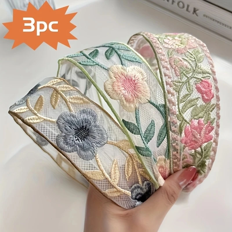 Embroidery Zone - 1/3pcs Elegant Chiffon Embroidery Flower Hairband