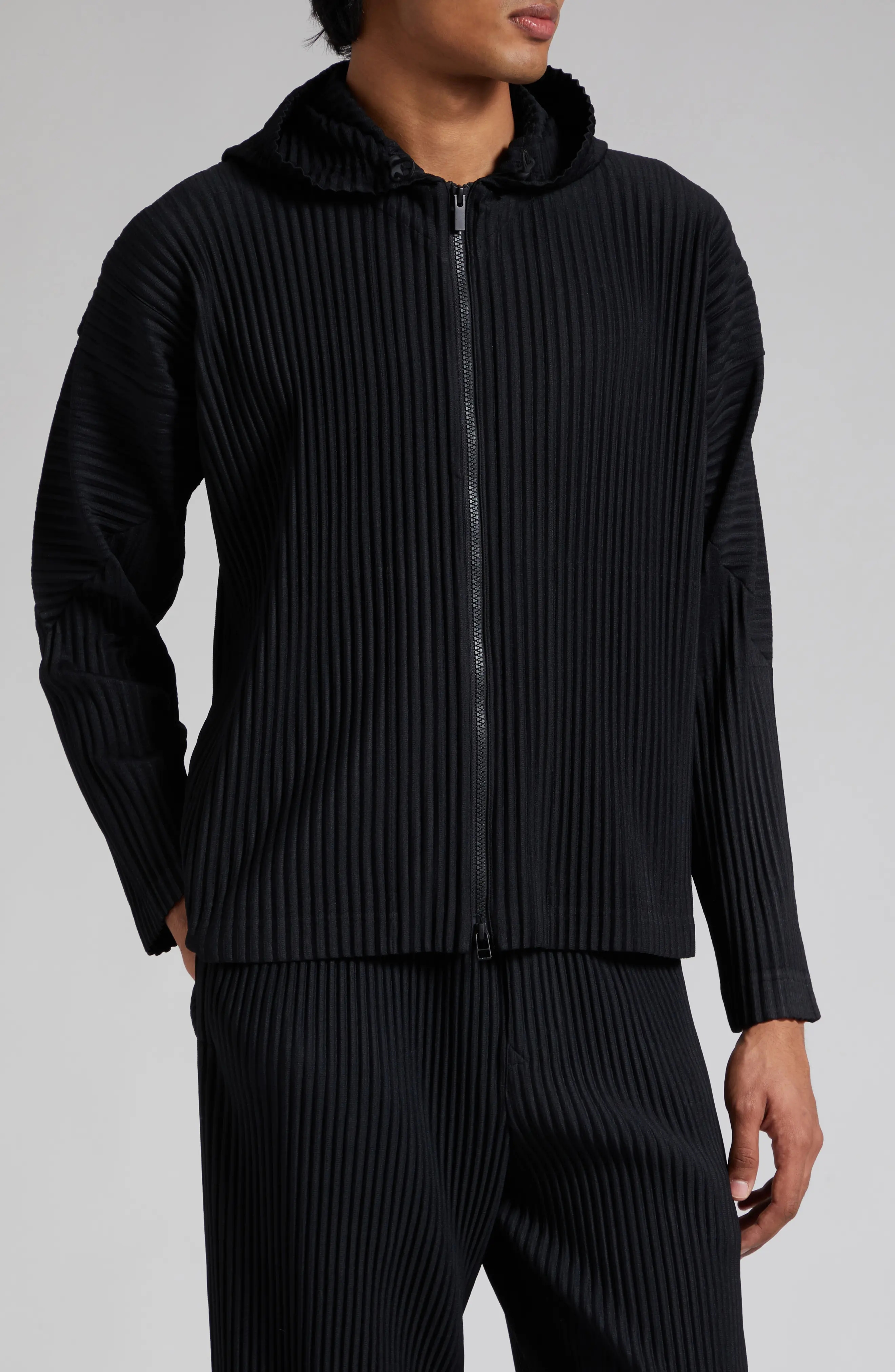 Embroidery Zip Up Hoodie - Miyake Pleated Men Zip-up Plisse Hoodie