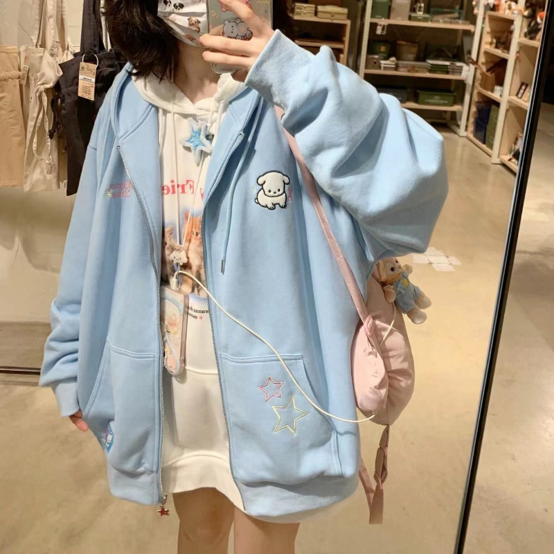 Embroidery Zip Up Hoodie - Japanese Kawaii Zip Up Hoodies Women