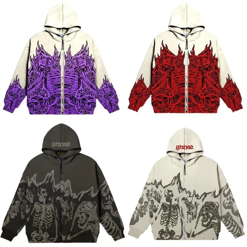 Embroidery Zip Up Hoodie - Men Anime Skull Hoodies Women Vintage