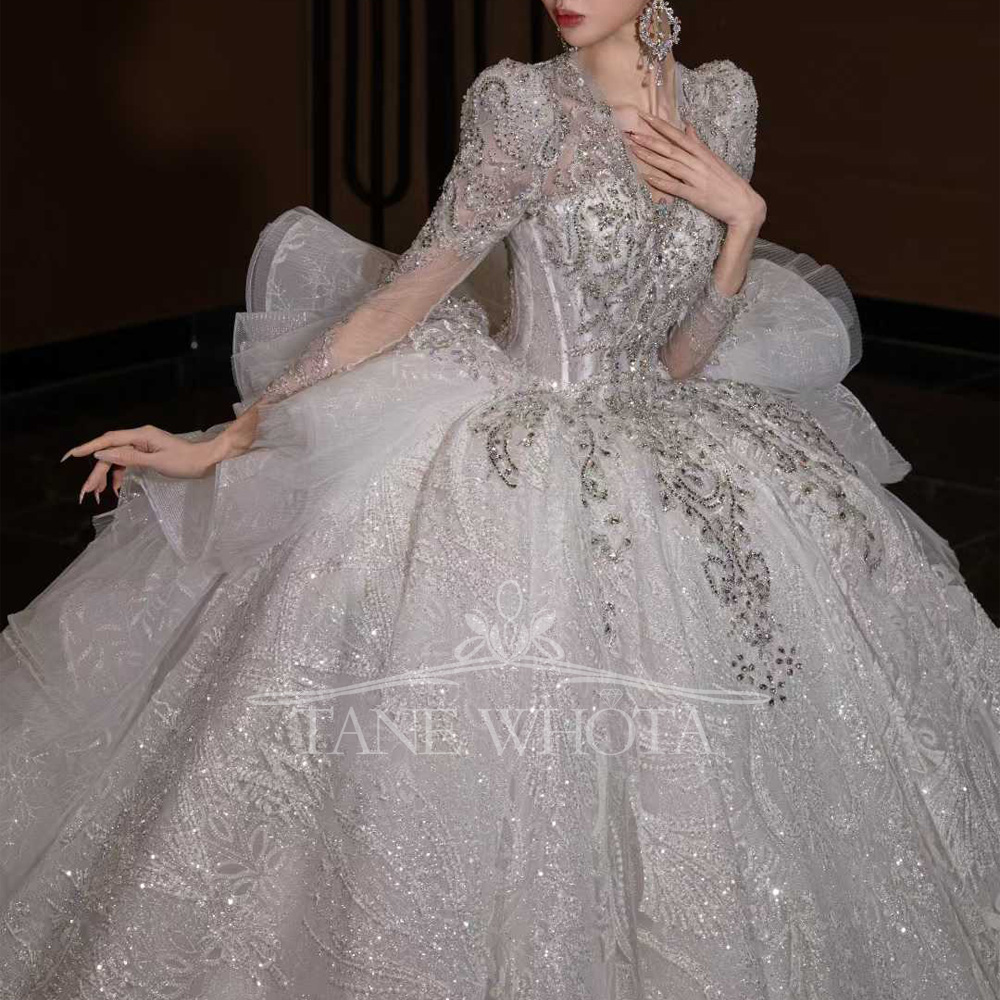 Luxury V Neck Wedding Dress Lo - Embroidery Organza avaliação e preço