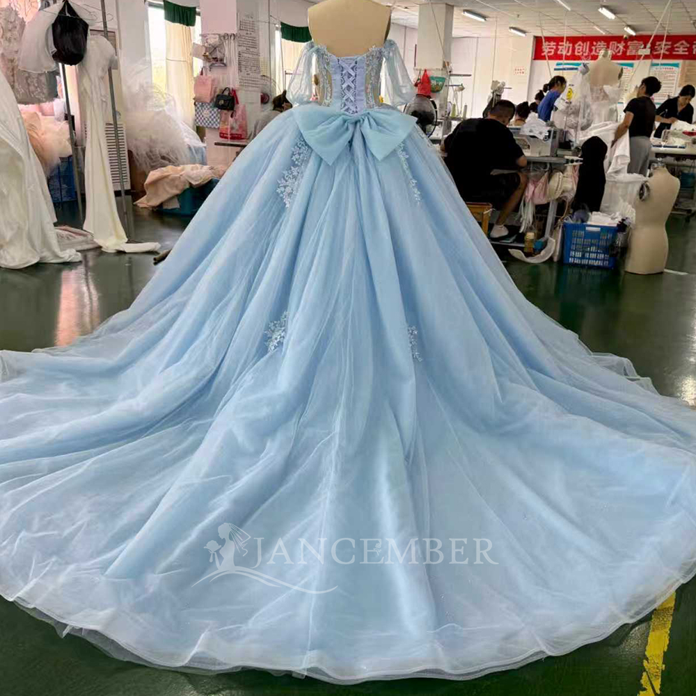 Blue Princess Ball Gown Quince - Embroidery Organza avaliação e preço