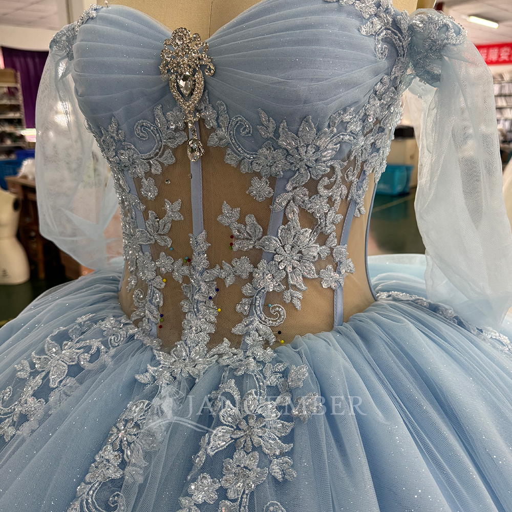 Blue Princess Ball Gown Quince - Embroidery Organza avaliação e preço