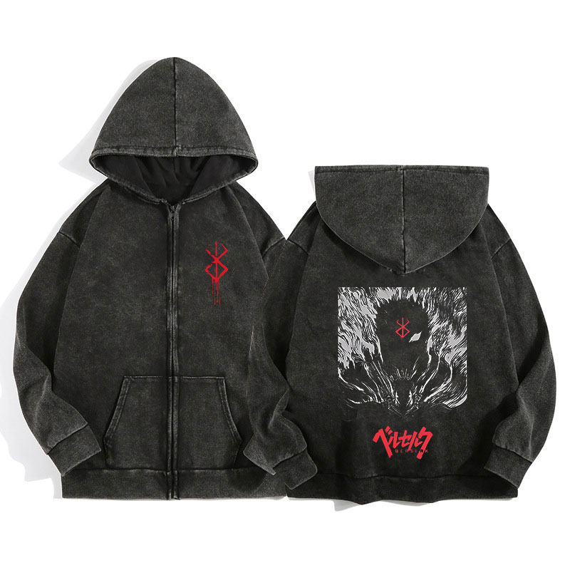 Anime Berserk Wash Zip Up Hood - Embroidery Zip Up Hoodie avaliação e preço