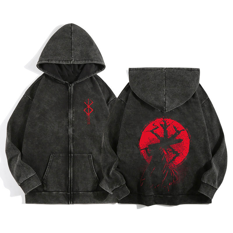 Anime Berserk Wash Zip Up Hood - Embroidery Zip Up Hoodie avaliação e preço