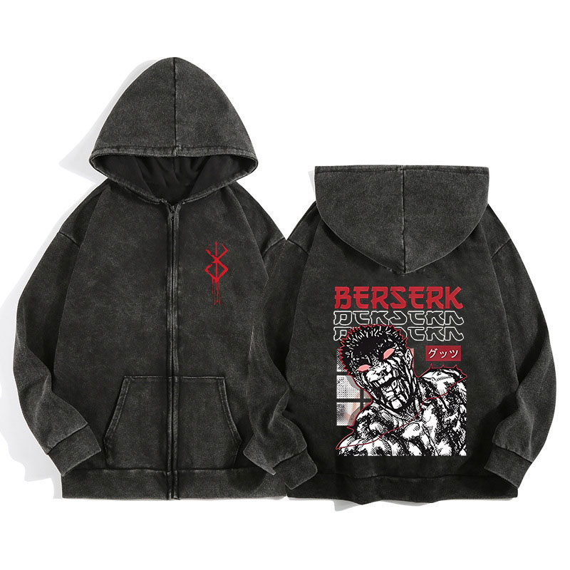 Anime Berserk Wash Zip Up Hood - Embroidery Zip Up Hoodie avaliação e preço
