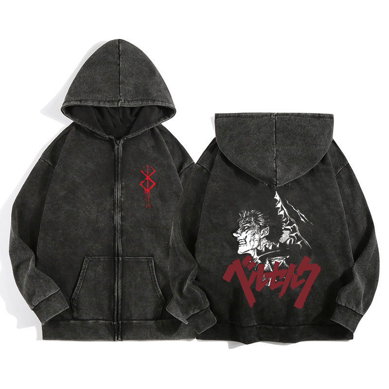 Anime Berserk Wash Zip Up Hood - Embroidery Zip Up Hoodie avaliação e preço