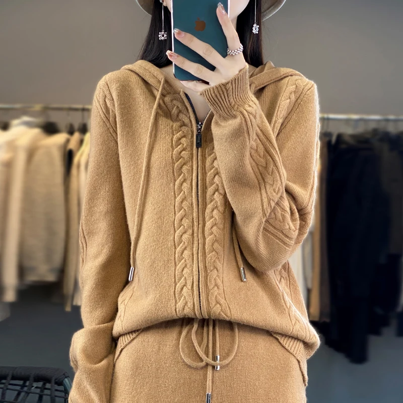 Women's Pure Cashmere Hooded C - Embroidery Zip Up Hoodie avaliação e preço