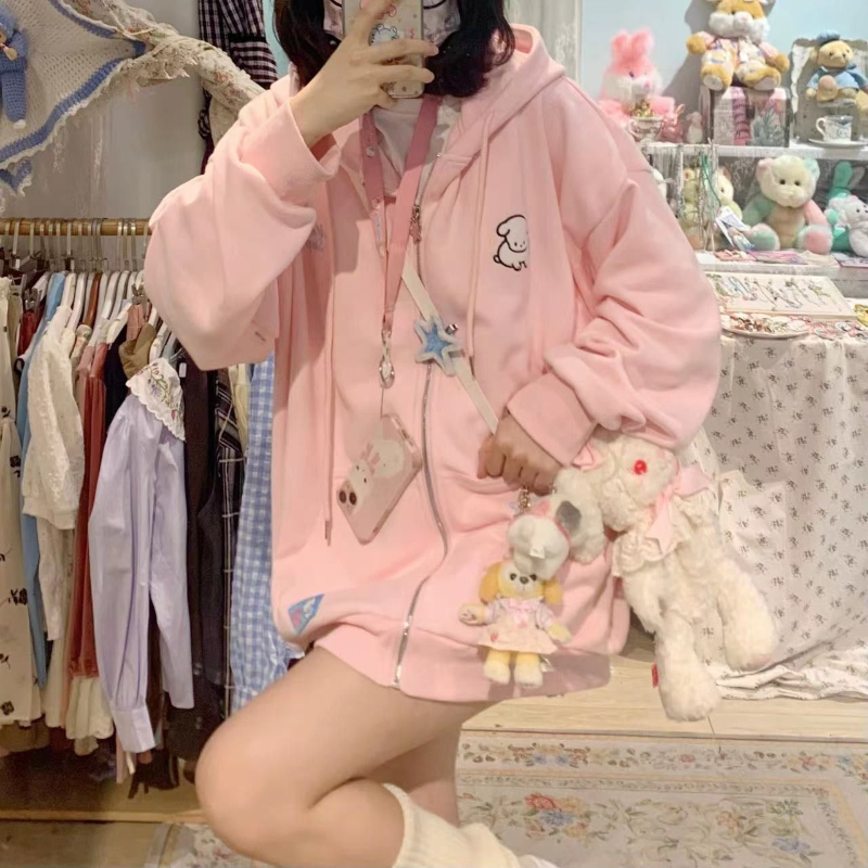 Japanese Kawaii Zip Up Hoodies - Embroidery Zip Up Hoodie avaliação e preço