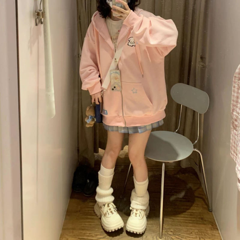 Japanese Kawaii Zip Up Hoodies - Embroidery Zip Up Hoodie avaliação e preço