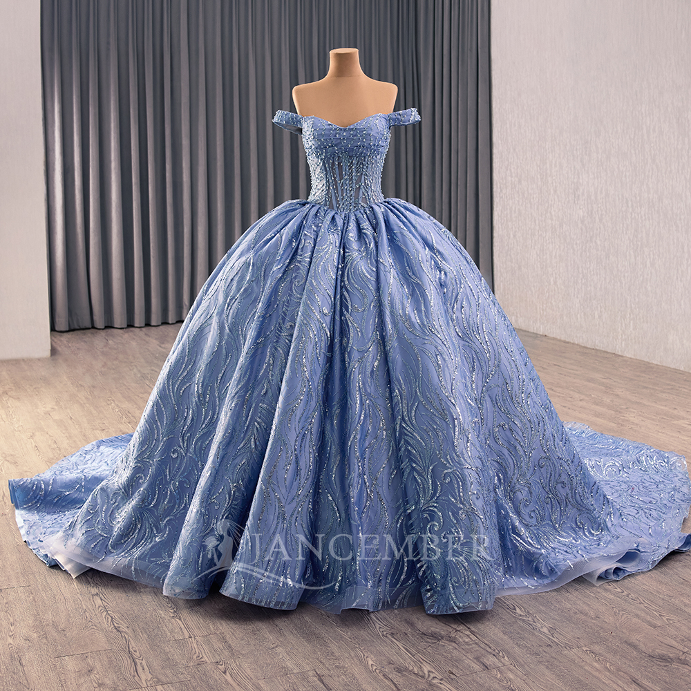 Customized Blue Quinceanera Dr - Embroidery Organza avaliação e preço