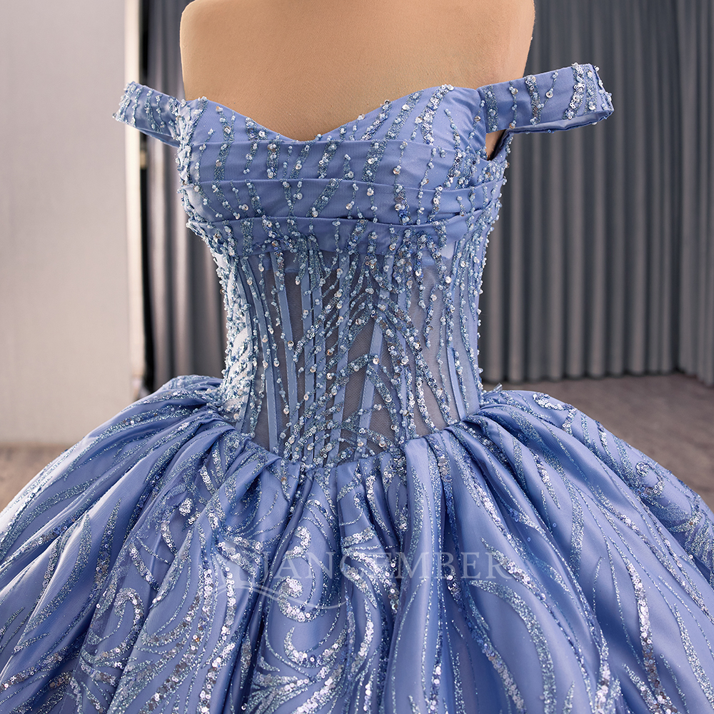 Customized Blue Quinceanera Dr - Embroidery Organza avaliação e preço